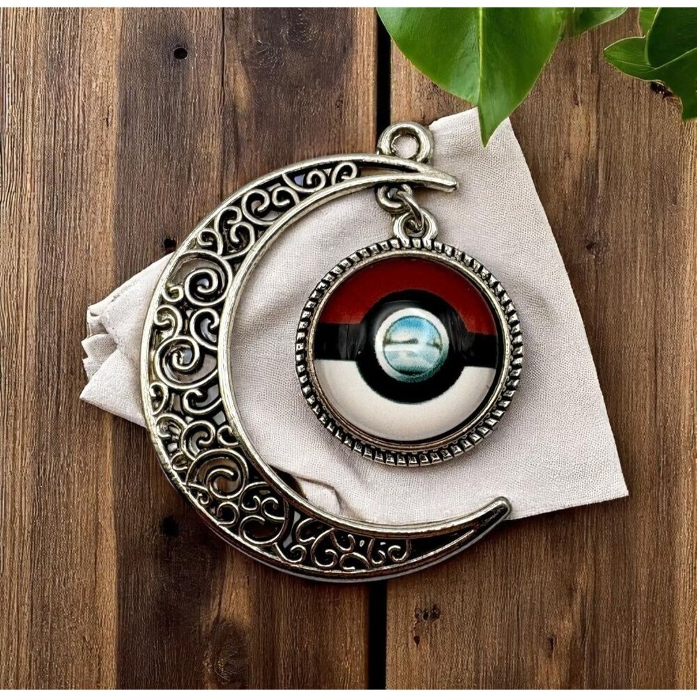 Pokeball Inspired Crescent Moon Pendant Silver Tone Pokemon Gaming Celestial